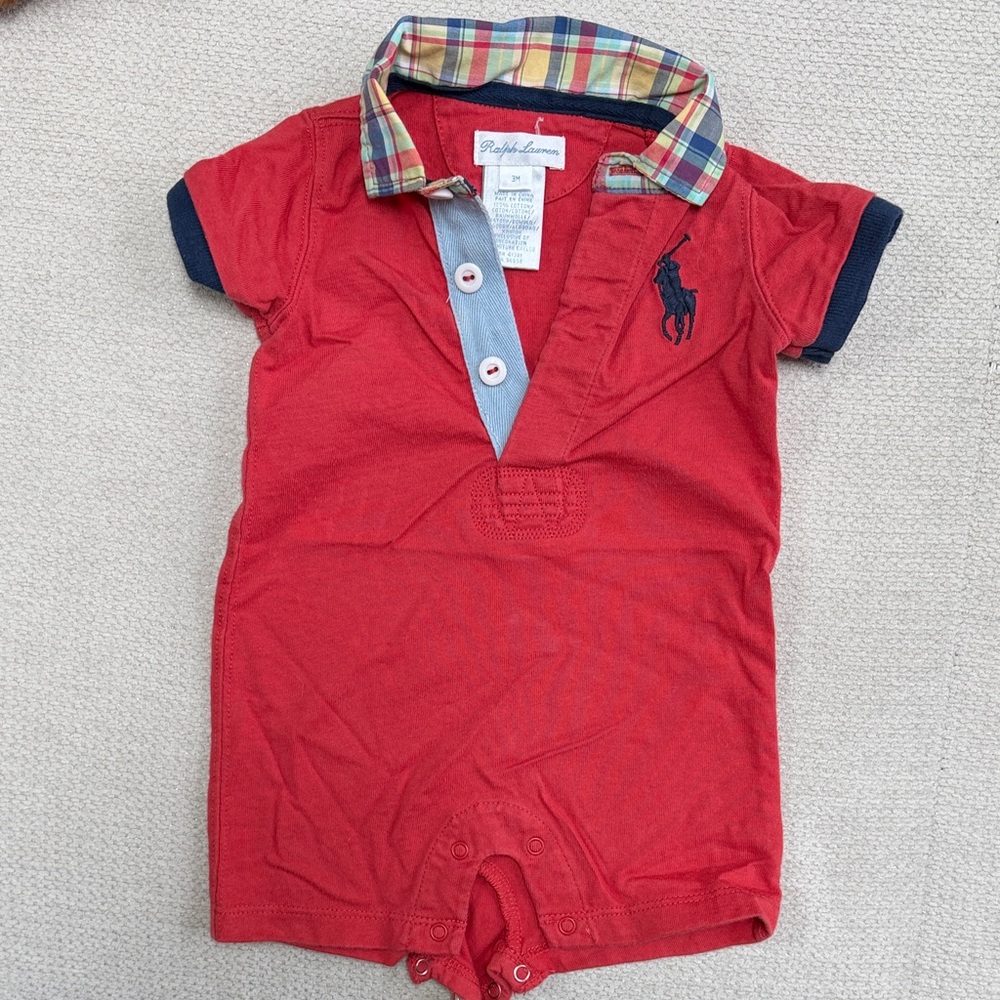 Ralph Lauren Red Polo-Style Baby Romper with Plaid Collar